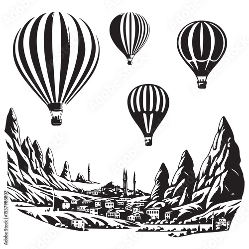 Hot air balloons over Cappadocia rocks landscape image vector