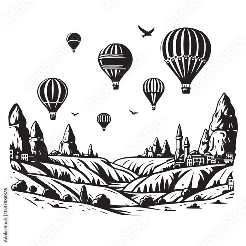 Hot air balloons over Cappadocia rocks landscape image vector