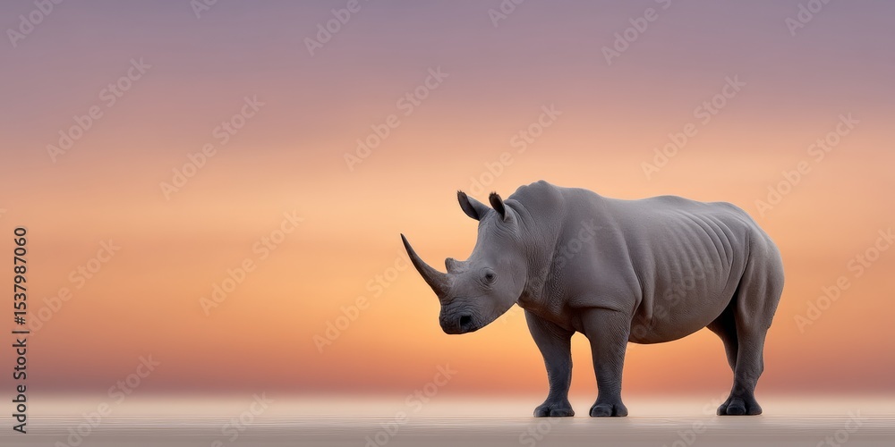 Fototapeta premium Majestic rhino standing on vast plain at sunset with vibrant sky