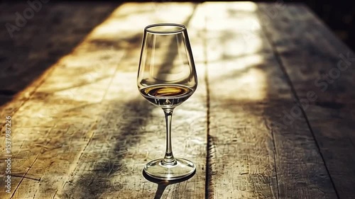 A solitary wine glass casting shadows on a rustic wooden table.