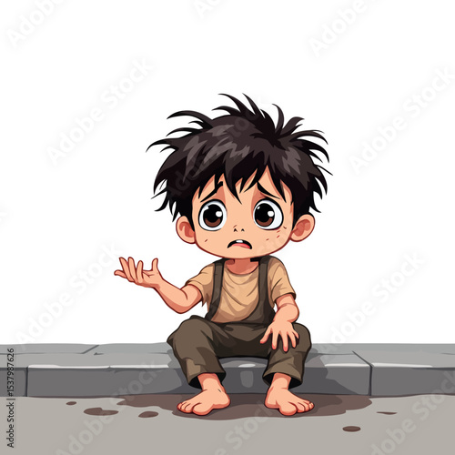 Vsai poor barefoot child begging sitting on sidewalk, grunge background