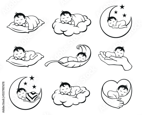 A collection of adorable vector icons depicting sleeping babies in various peaceful poses. The designs include babies sleeping on pillows, clouds, and in hands, conveying tranquility.