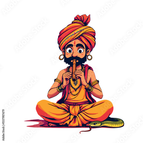 Vsai indian snake charmer playing flute with cobra snake