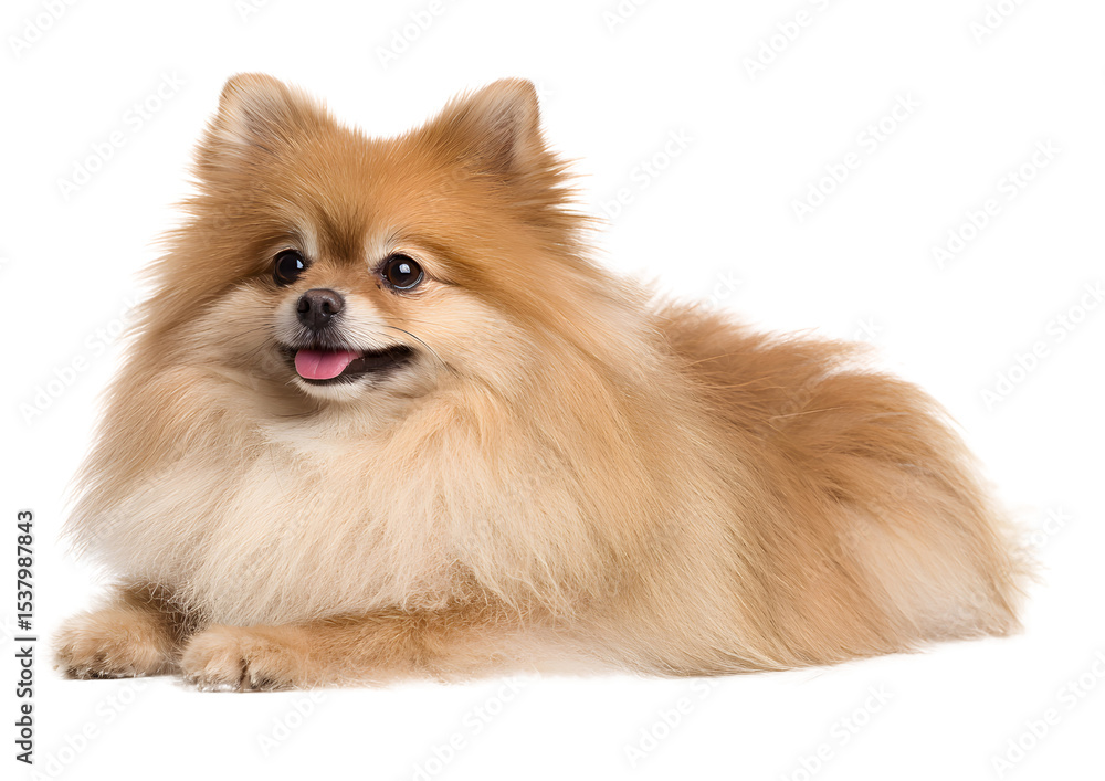 Obraz premium Fluffy Pomeranian dog PNG transparent isolated image showcasing its playful nature and vibrant personality.