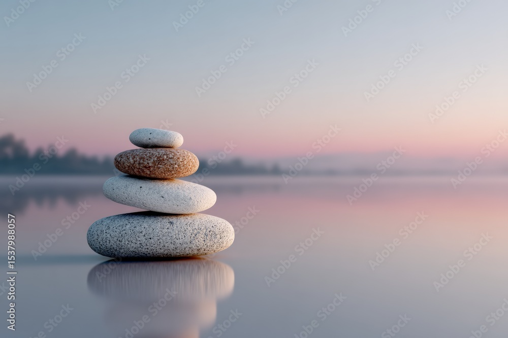Balanced stone stack at serene lakeside during sunrise reflecting tranquility Balanced stone stack at serene lakeside during sunrise reflecting tranquility