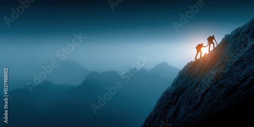 Silhouette of climbers helping each other reach the summit, symbolizing teamwork, determination, and the spirit of shared goals