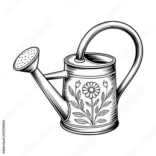 Vintage watering can with floral illustration