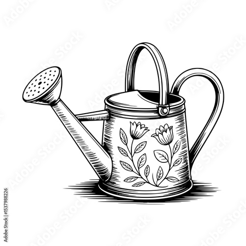 Vintage watering can with floral illustration