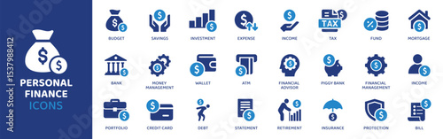 Personal Finance - Icon Collection. Thin Line Set contains such Icons as Finance, Budget, Income, Expense, Wallet, Cash, Coin and more. Simple web icons set.