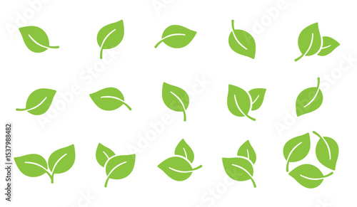 Green leaf icons set. Enviromental friendly production icon sheet 