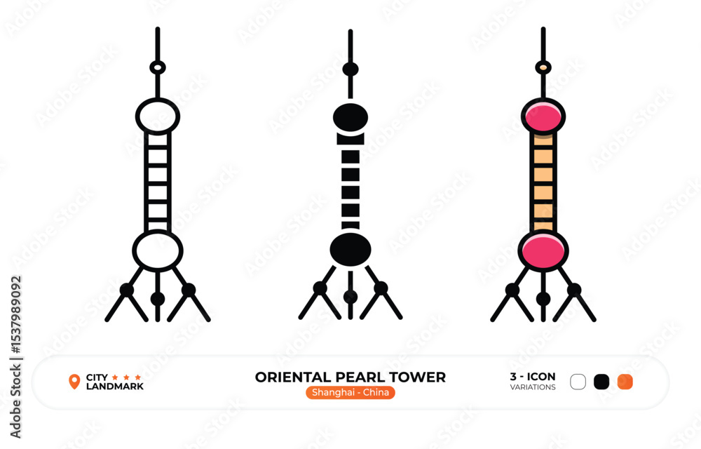 Naklejka premium Oriental Pearl Tower Line Icon. Shanghai, China, Landmark, Silhouette, Color Vector, Editable Stroke.