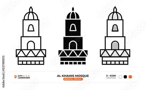 Al Khamis Mosque, Line Icon. Manama, Bahrain, Landmark, Silhouette, Color Vector, Editable Stroke.