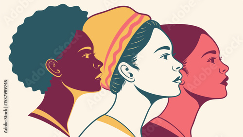 Three diverse women in profile with different hairstyles and skin tones in a minimalist style art