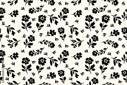 Seamless black floral silhouette pattern on a soft beige background. Elegant botanical design perfect for fabrics, wallpapers, wrapping paper, and vintage-style decor.