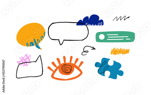 A colorful speech bubbles, an eye, a puzzle piece, a cloud, doodles, hand drawn arrows and various scribbles and a green text box. A dynamic and communicative composition.