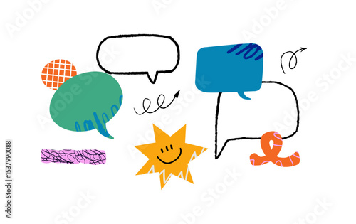 A collection of diverse, hand-drawn graphic stylized elements. Various vivid speech bubbles in different shapes, a smiley star, and abstract scribbles and forms.