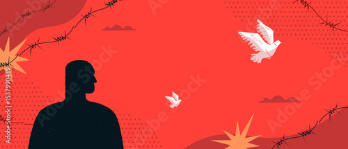 A black silhouette of a man surrounded by barbed wire on a red background. A symbol of dictatorship, civil unfreedom in an authoritarian regime.