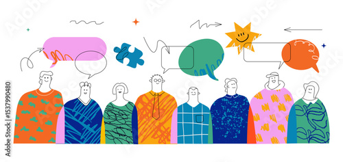 A multicolored abstract crowd of people with different speech bubbles and doodles above them. The concept of bond in society, individuality and diverse in the crowd in the style of a collage.