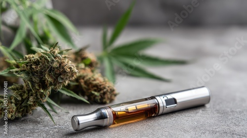 Close up view of a vaporizer pen with cannabis oil next to dried herb and leaves on a concrete surface showcasing alternative medicine applications.