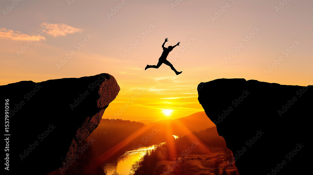 Silhouette of Man Leaping Between Cliffs at Sunset Over Scenic Valley River Silhouette of Man Leaping Between Cliffs at Sunset Over Scenic Valley River