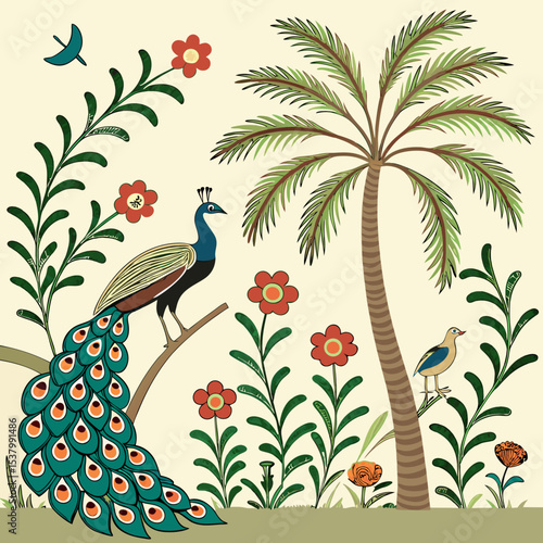 seamless pattern with birds and flowers