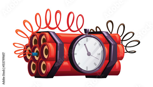 Bundle of dynamite with a ticking clock attached, signifying a time bomb. Vector cartoon illustration