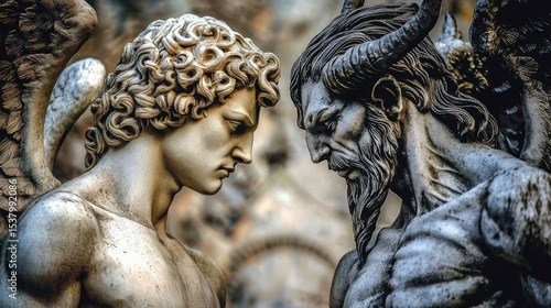 The artistic representation of angels and devils reflects cultural beliefs in good and evil. 