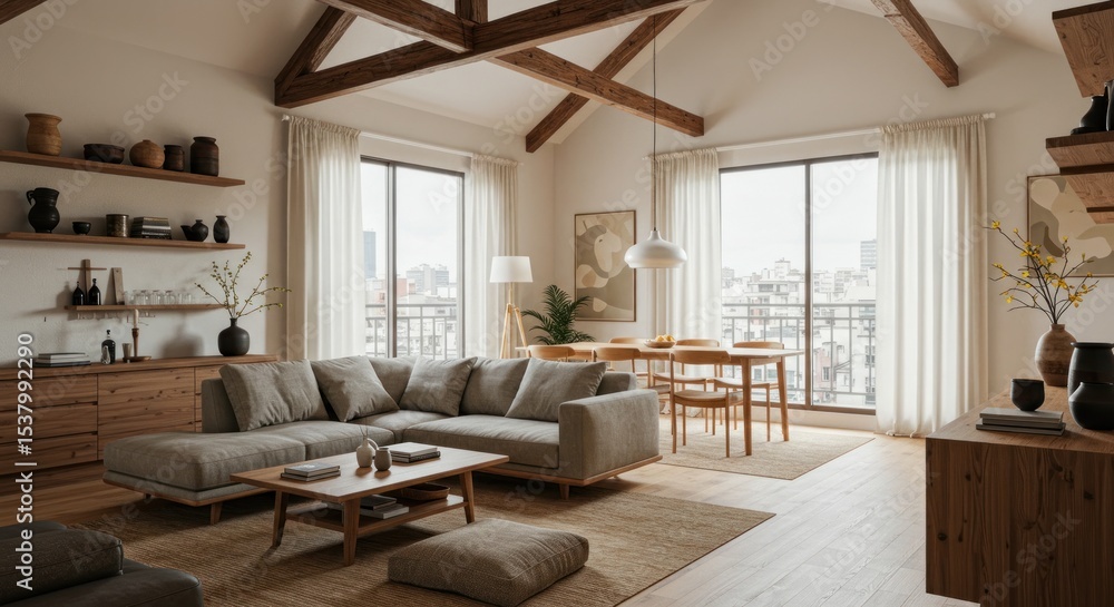 Bright modern interior with wooden beams and large windows Bright modern interior with wooden beams and large windows