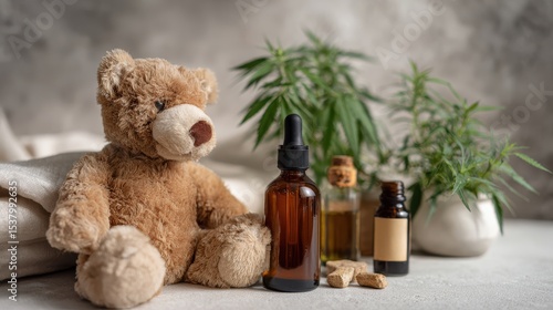 Brown teddy bear sits near cannabinoid oil bottles and hemp plant, suggesting natural relaxation for kids with alternative medicine and soothing aromatherapy.
