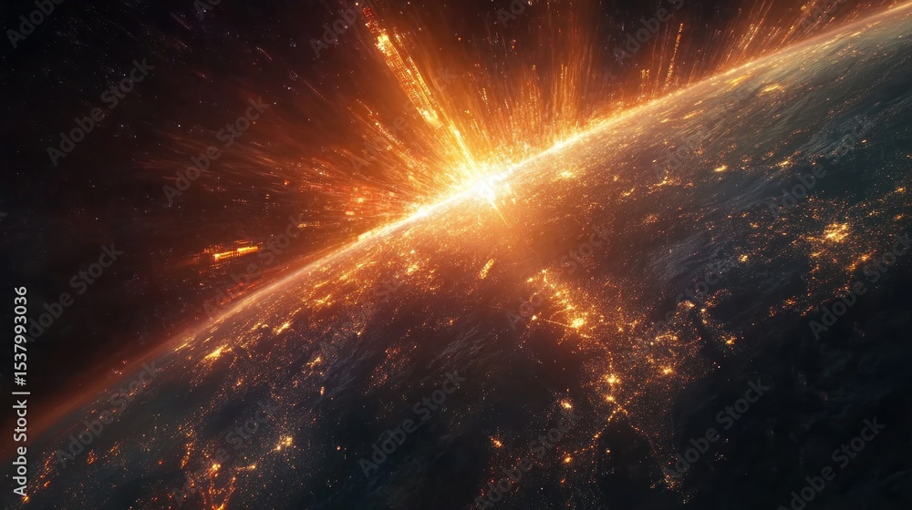Obraz premium Planet Earth Exploding. Fiery destruction radiating from the edge of the world
