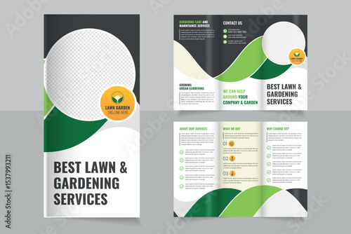 Lawn Mower Garden or Landscaping Agricultural service Design, trifold brochure design template,  Modern Lawn Care Trifold Brochure Template, Gardening, Landscaper or Agro firming services