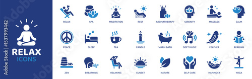 Relax - Icon Collection. Thin Line Set contains such Icons as Relax, Rest, Sleep, Nap, Calm, Peace, Zen and more. Simple web icons set.