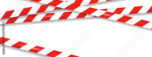 Red and white caution tape. Crossed barrier tape border. Realistic danger tape for restricted area, danger zone, crime scene. Concept of Police warning overlapping diagonally ribbon on background