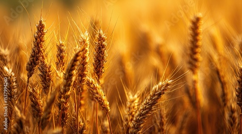 Golden wheat stalks bathed in warm sunlight, filling the frame with a shallow depth of field, showcasing the texture and color variations of the ripe harvest