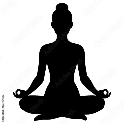 A vector silhouette illustration of a woman in a yoga meditation pose, symbolizing health, relaxation, and peace