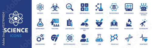 Science - Icon Collection. Thin Line Set contains such Icons as Science, Lab, Atom, Molecule, Testtube, Flask, Beaker and more. Simple web icons set.