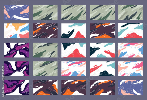 A curated set of abstract fluid style backgrounds featuring dynamic forms and vivid contrasting color palettes