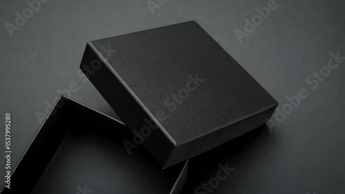 Open black textured gift box with lid resting on a dark surface, empty container for small items, luxury packaging with clean edges