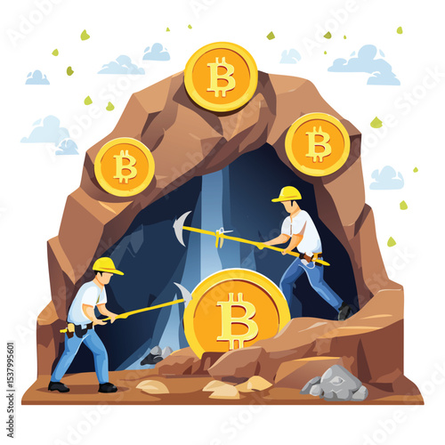Miners Extracting Bitcoins in Underground Cave, Crypto Coin Mining Concept Illustration

