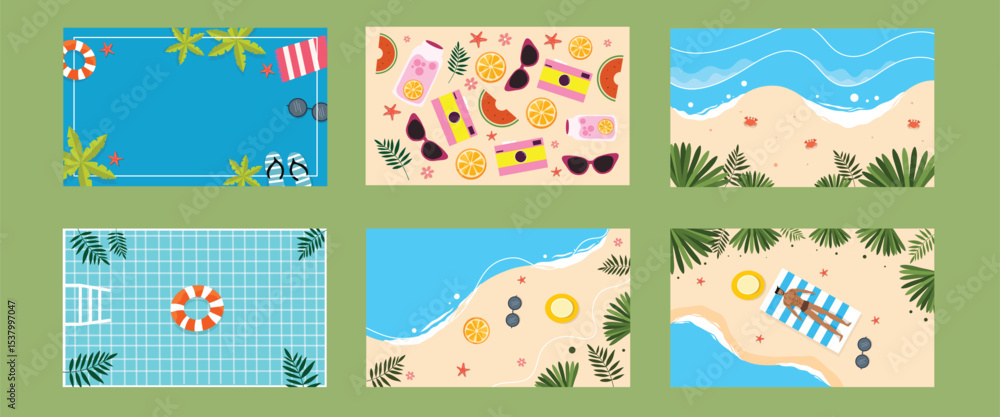 Naklejka premium A refreshing summer vibes bundle featuring pools floaties sand and tropical leaves in vibrant bright colors