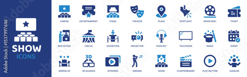 Show - Icon Collection. Thin Line Set contains such Icons as Show, Stage, Curtain, Actor, Screen, Play, Theater and more. Simple web icons set.