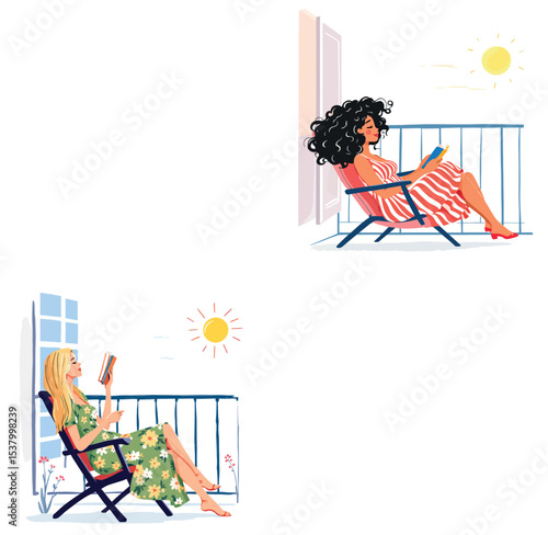 Vsai women relaxing and reading books on balcony during summer holidays