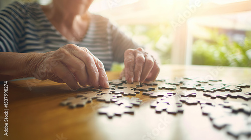 Elderly woman concentrating on solving jigsaw puzzle at wooden table, senior mental exercise and cognitive stimulation for memory care and dementia prevention.