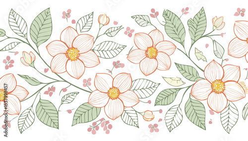 hand drawing seamless pattern with flowers.flower, textile, art, illustration, decoration, design, nature, pattern, vector, plant, summer, backgrounds, elegance, image, no people, old-fashioned,