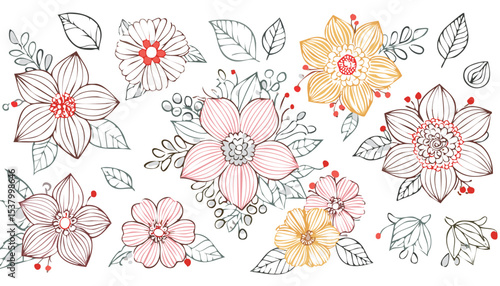 hand drawing seamless pattern with flowers.flower, textile, art, illustration, decoration, design, nature, pattern, vector, plant, summer, backgrounds, elegance, image, no people, old-fashioned,