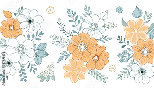 hand drawing seamless pattern with flowers.flower, textile, art, illustration, decoration, design, nature, pattern, vector, plant, summer, backgrounds, elegance, image, no people, old-fashioned,
