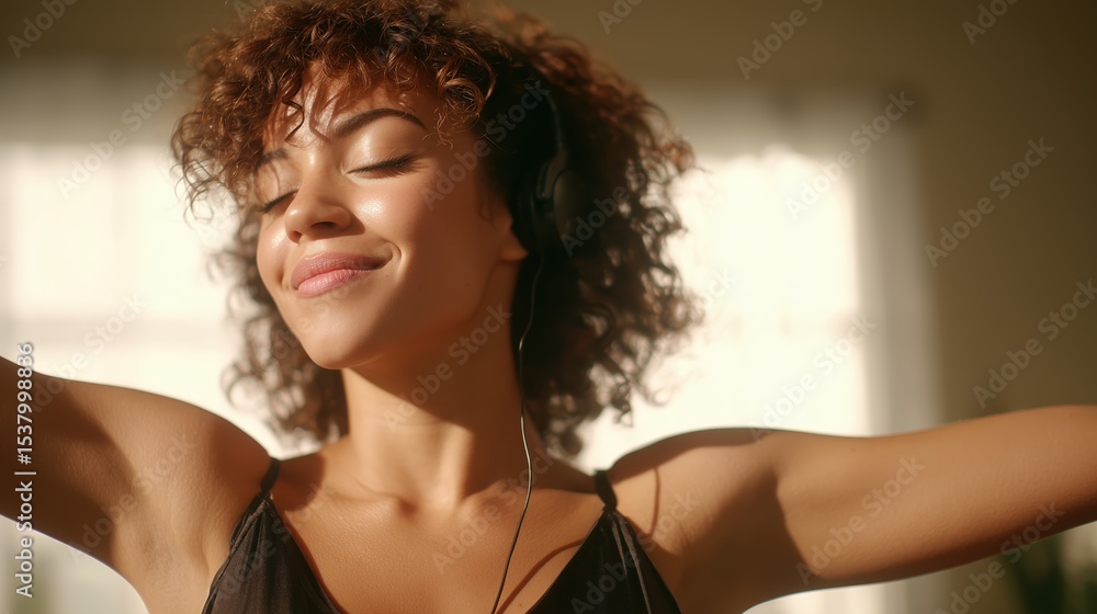 A radiant woman with curly hair embraces the serene ambiance of music, headphones adorning her head as she extends her arms, emanating tranquility and content. She stands in a well-lit space. A radiant woman with curly hair embraces the serene ambiance of music, headphones adorning her head as she extends her arms, emanating tranquility and content. She stands in a well-lit space.