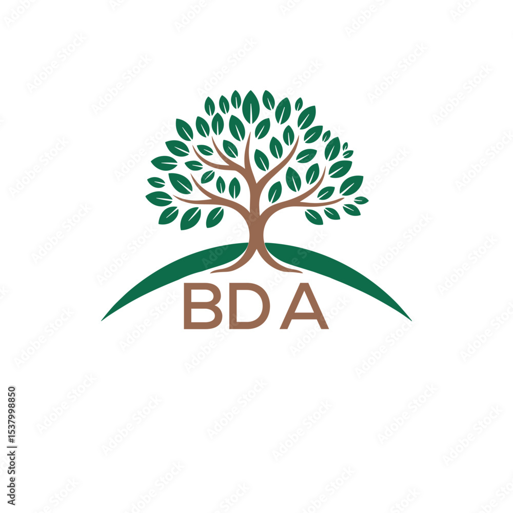 Obraz premium Eco Tree Logo with BDA Text – Green Nature Concept Emblem Design. BDA Letter Logo. 