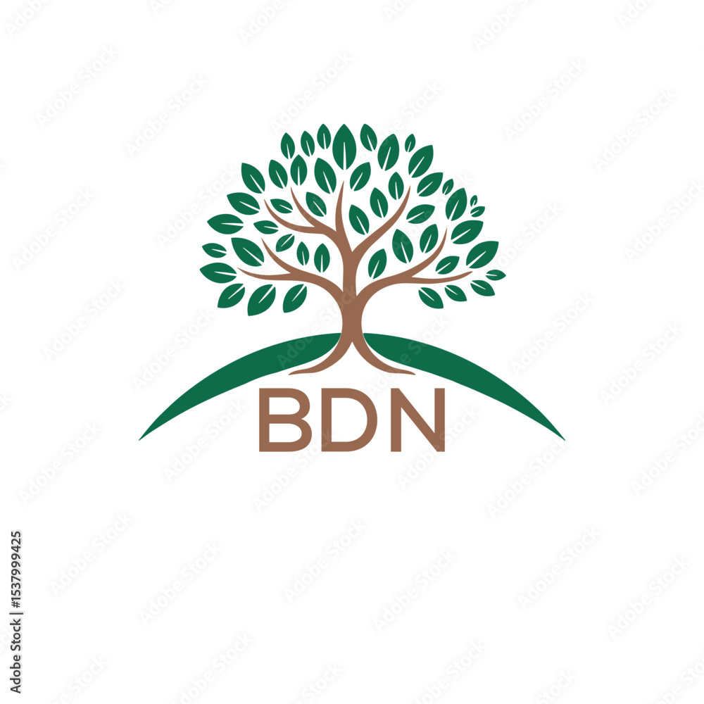 Obraz premium Eco Tree Logo with BDN Text – Green Nature Concept Emblem Design. BDN Letter Logo. 