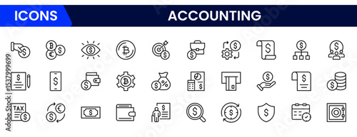 Precise vector web line icons depicting accounting, bookkeeping, financial reports, calculators, and budget management for accurate fiscal operations.